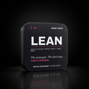 MASC/BODY LEAN appetite-routine support strips, mixed berry — black tin studio shot