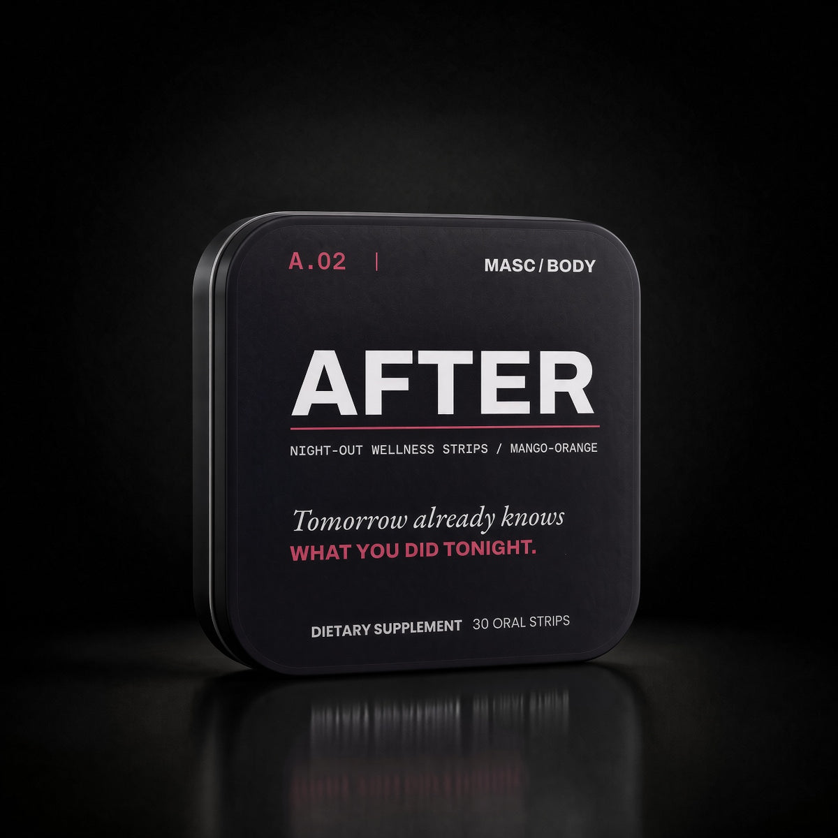 MASC/BODY AFTER night-out wellness strips, mango-orange — black tin studio shot