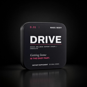 MASC/BODY DRIVE sexual-wellness support strips, chocolate — black tin studio shot