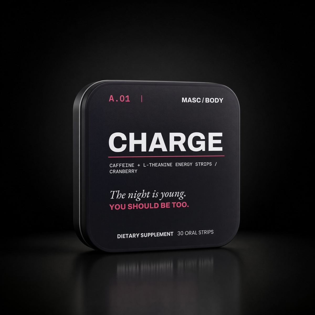 MASC/BODY CHARGE caffeine + L-theanine energy strips, cranberry — black tin studio shot