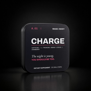 MASC/BODY CHARGE caffeine + L-theanine energy strips, cranberry — black tin studio shot