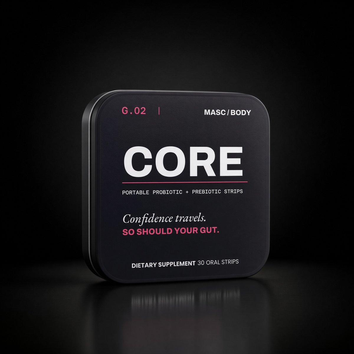 MASC/BODY CORE portable probiotic + prebiotic strips — black tin studio shot