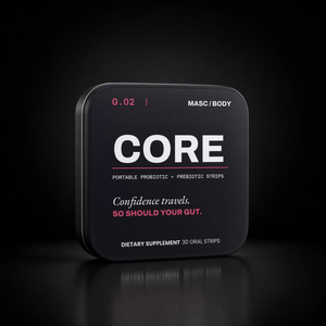 MASC/BODY CORE portable probiotic + prebiotic strips — black tin studio shot